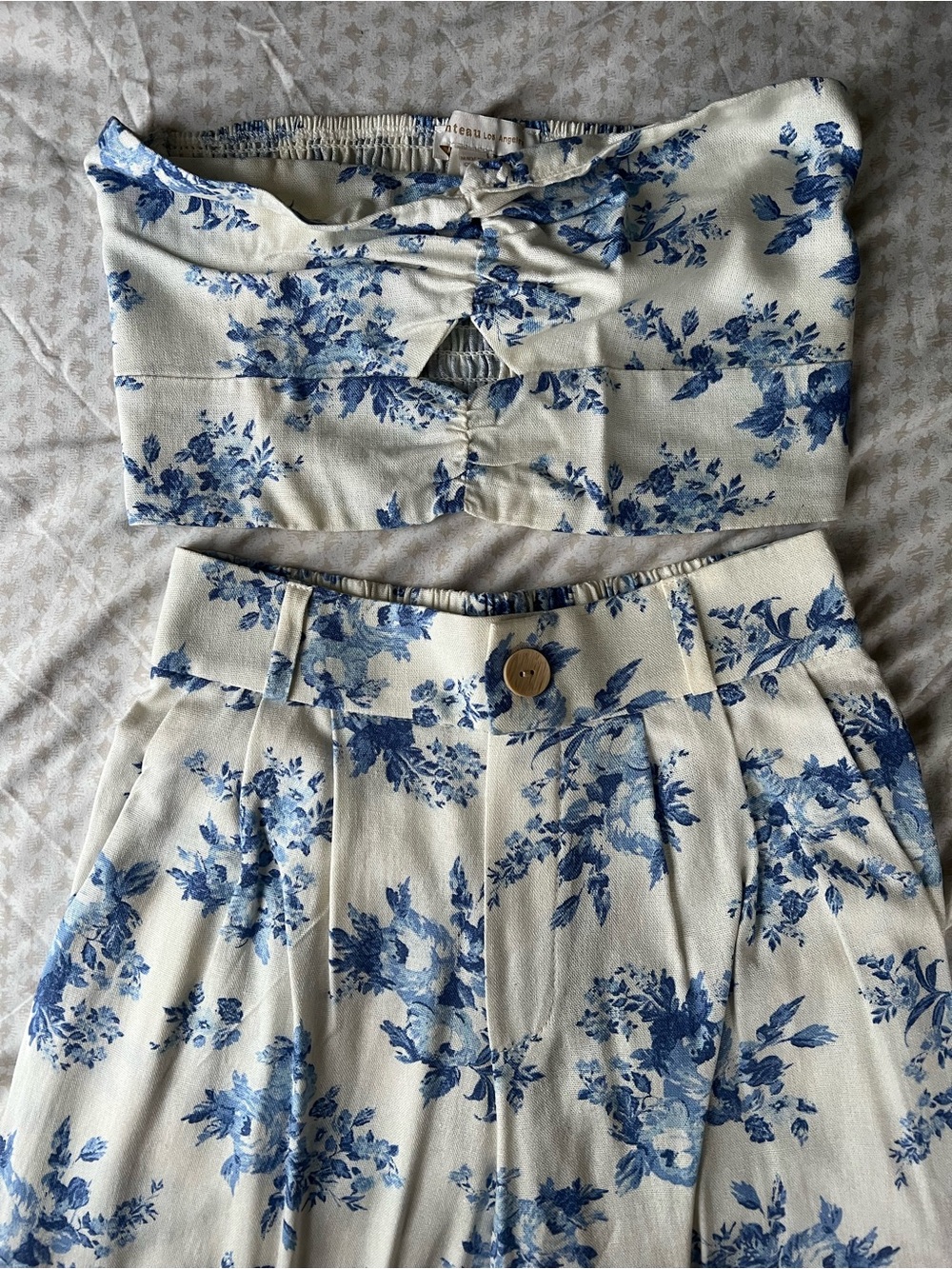 Blue Floral Cream Two-Piece Skirt Set